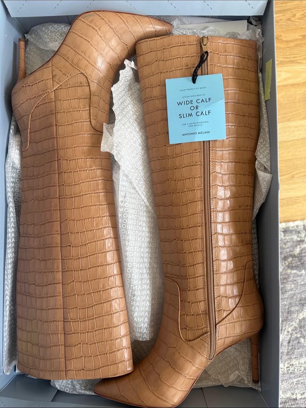 ANTONIO MELANI Croc-Embossed Knee Boots in Tan Cognac